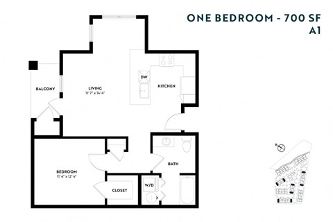 Floor plan for 1 bed, 1 bath, 700 sqft